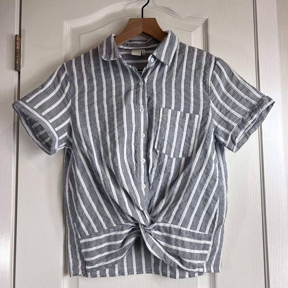 Paper Crane Women's Short Sleeve Stripe Button Up Twist Front Shirt Top Size S